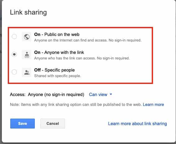 Google Drive Share Link Options