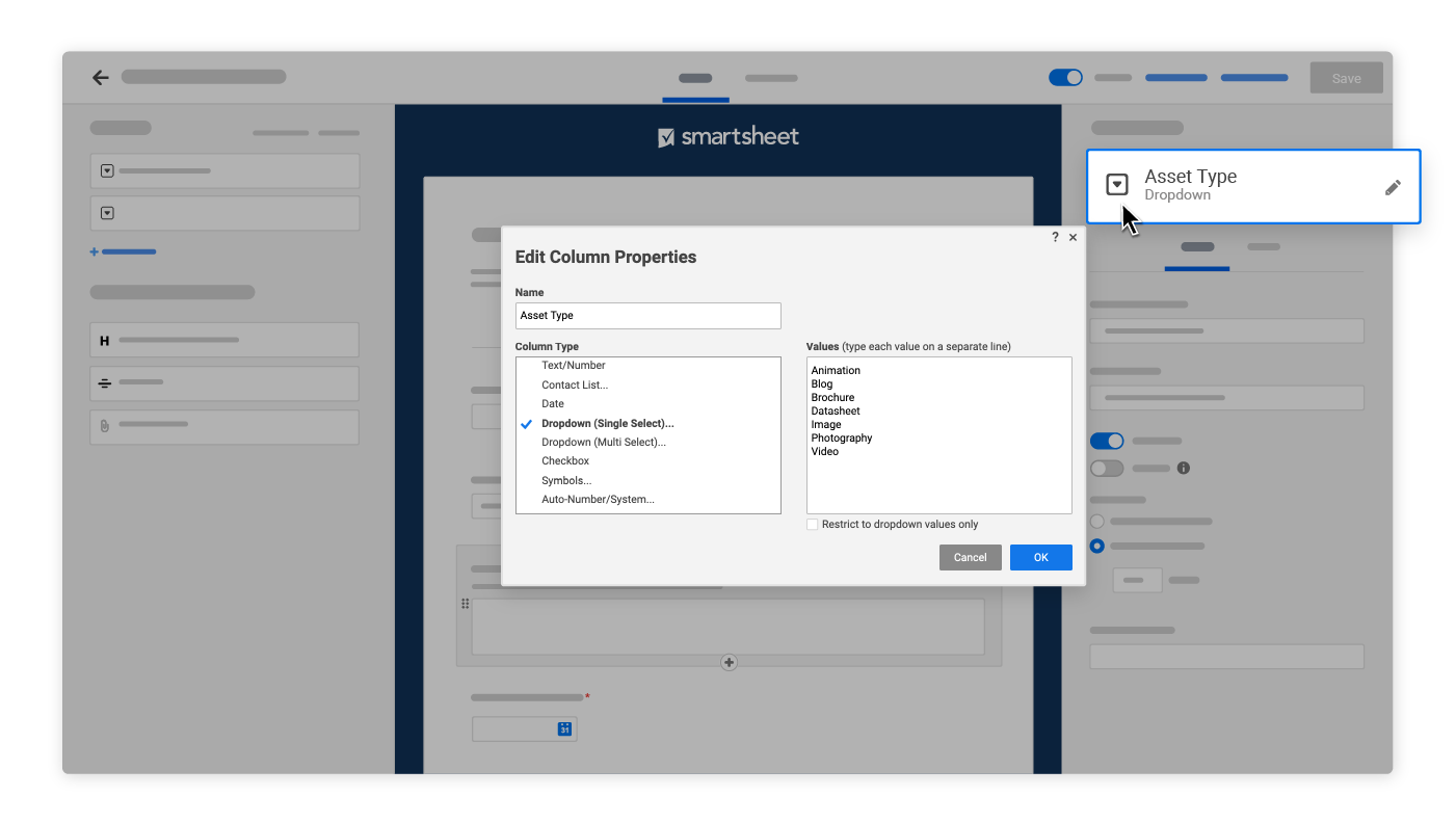 Smartsheet form builder with column properties