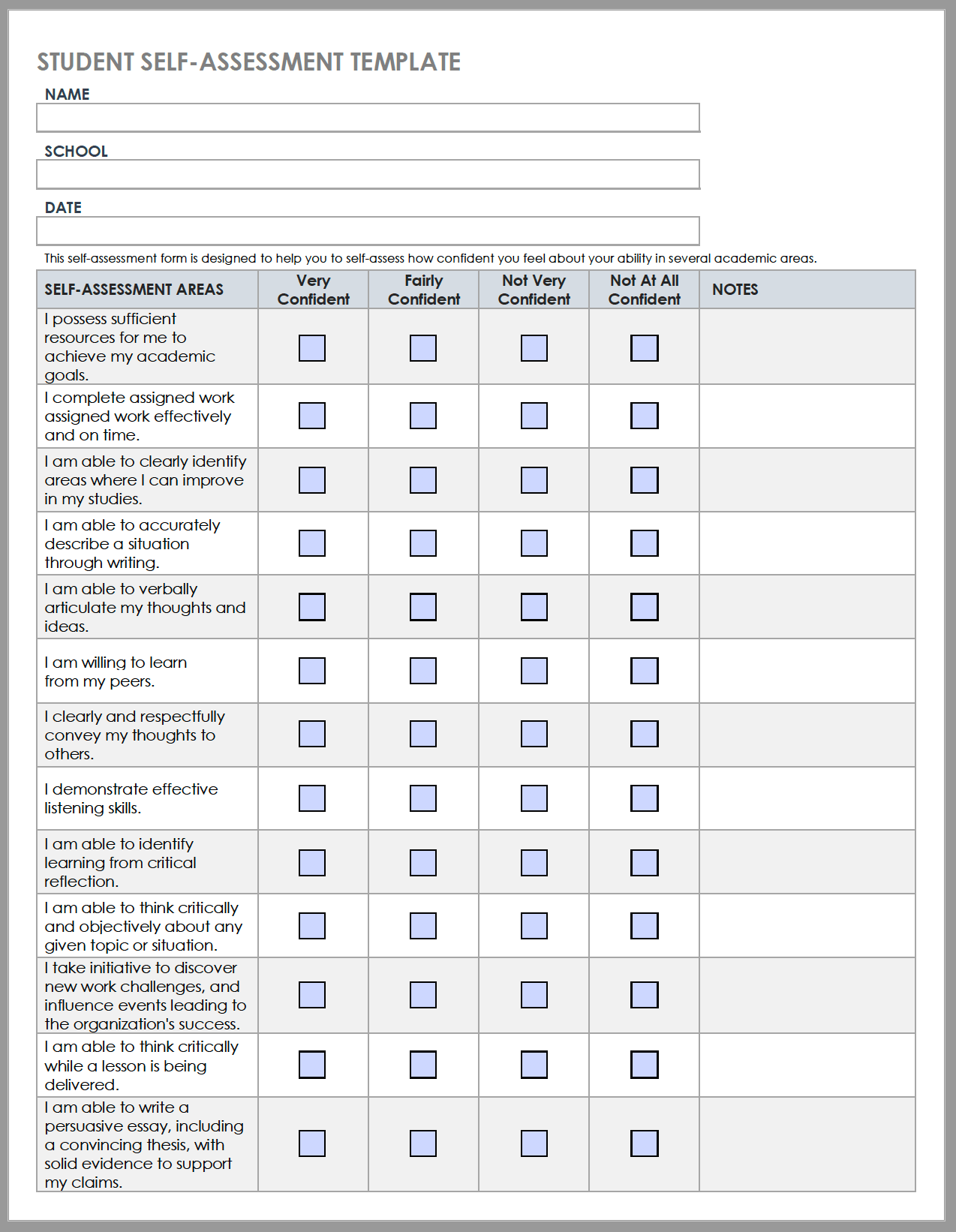 Student Self Assessment Template