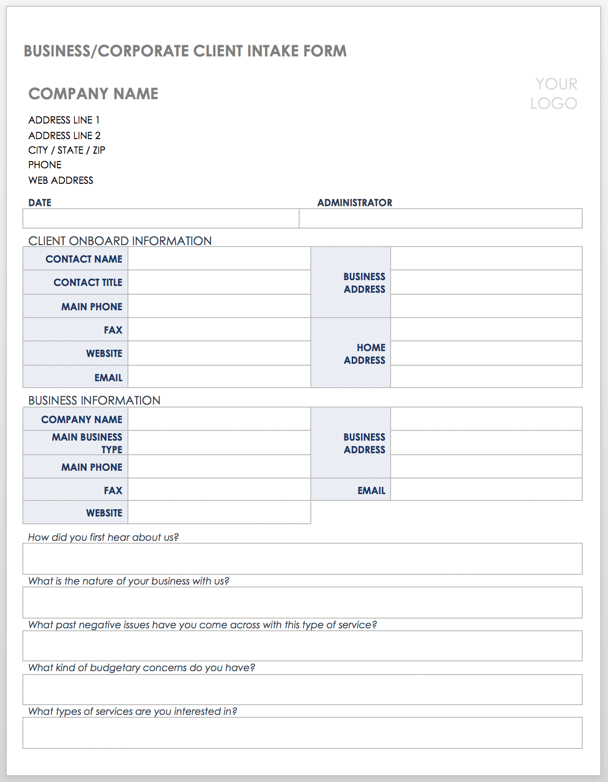 Business Corporate Client Intake Form Template