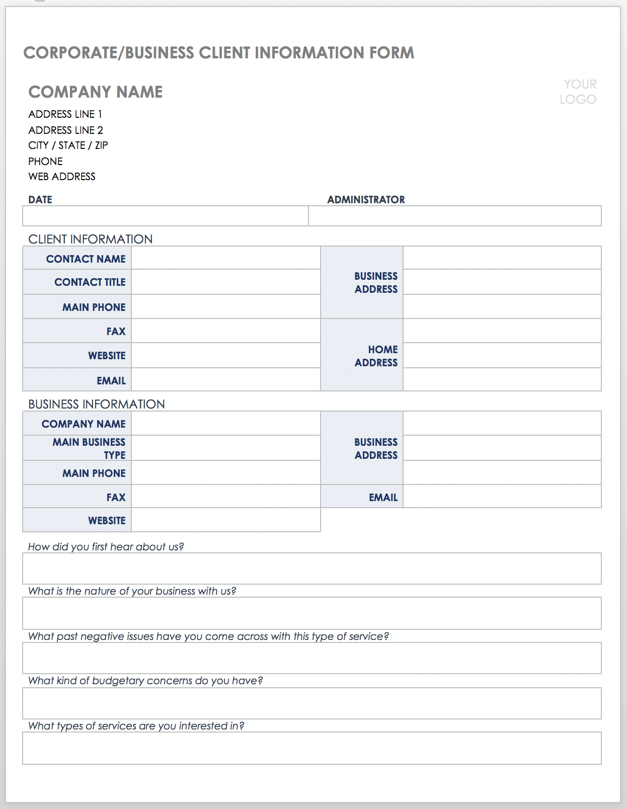 Corporate Business Client Information Sheet Template