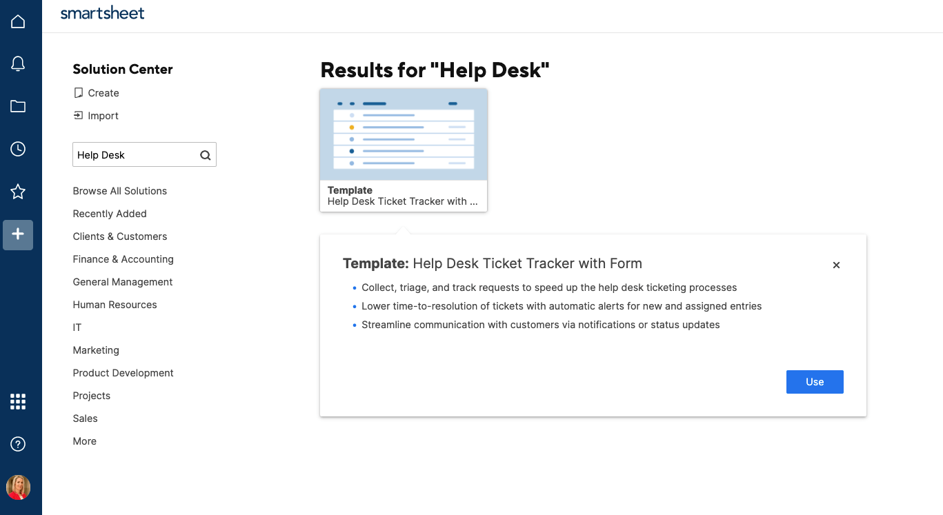 Help desk template in Smartsheet Solution Center