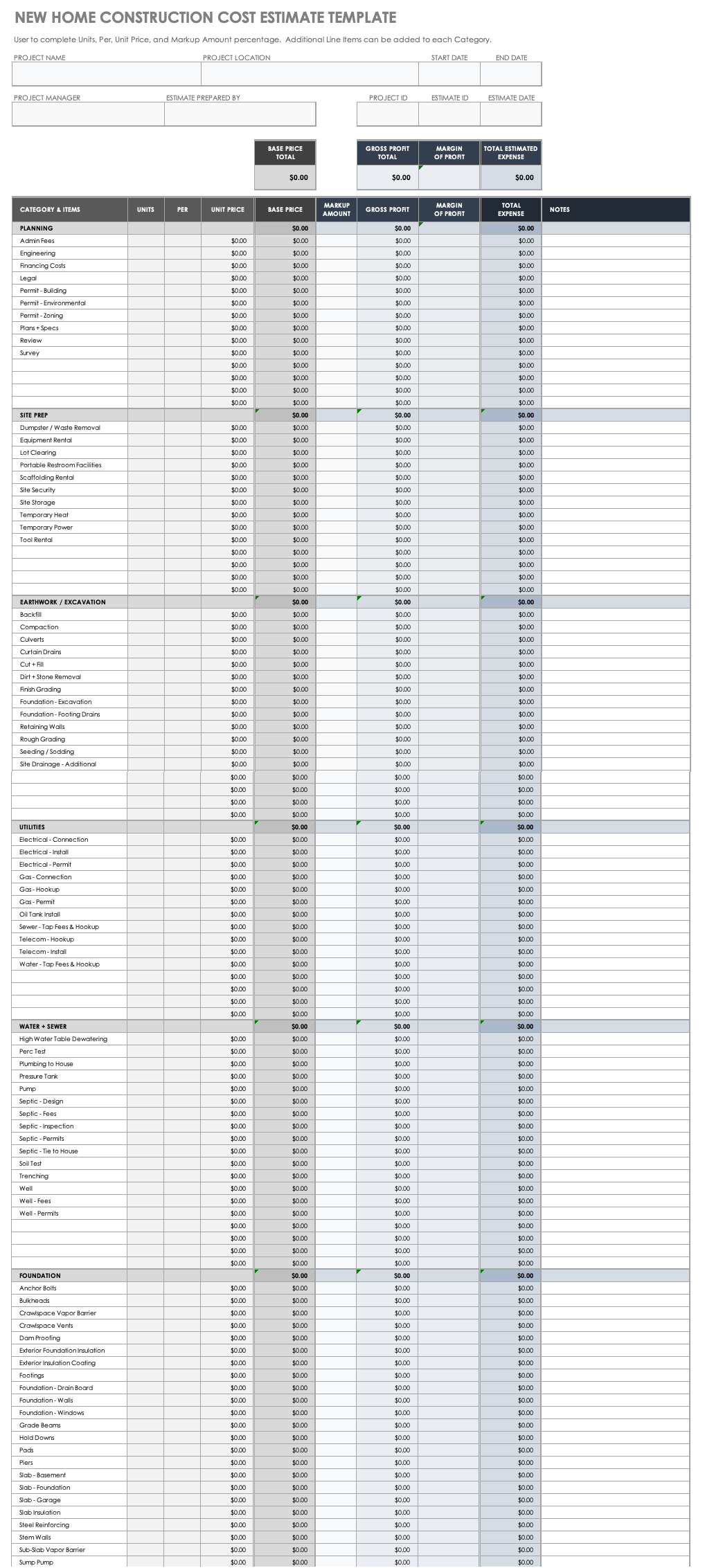 New Home Construction Cost Estimate Template