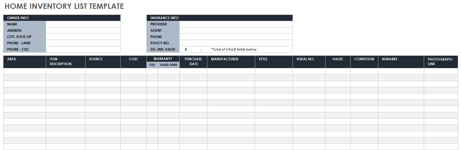 Home Inventory List Template