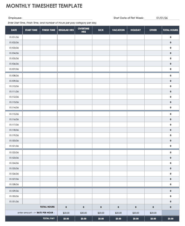 Monthly Timesheet Template