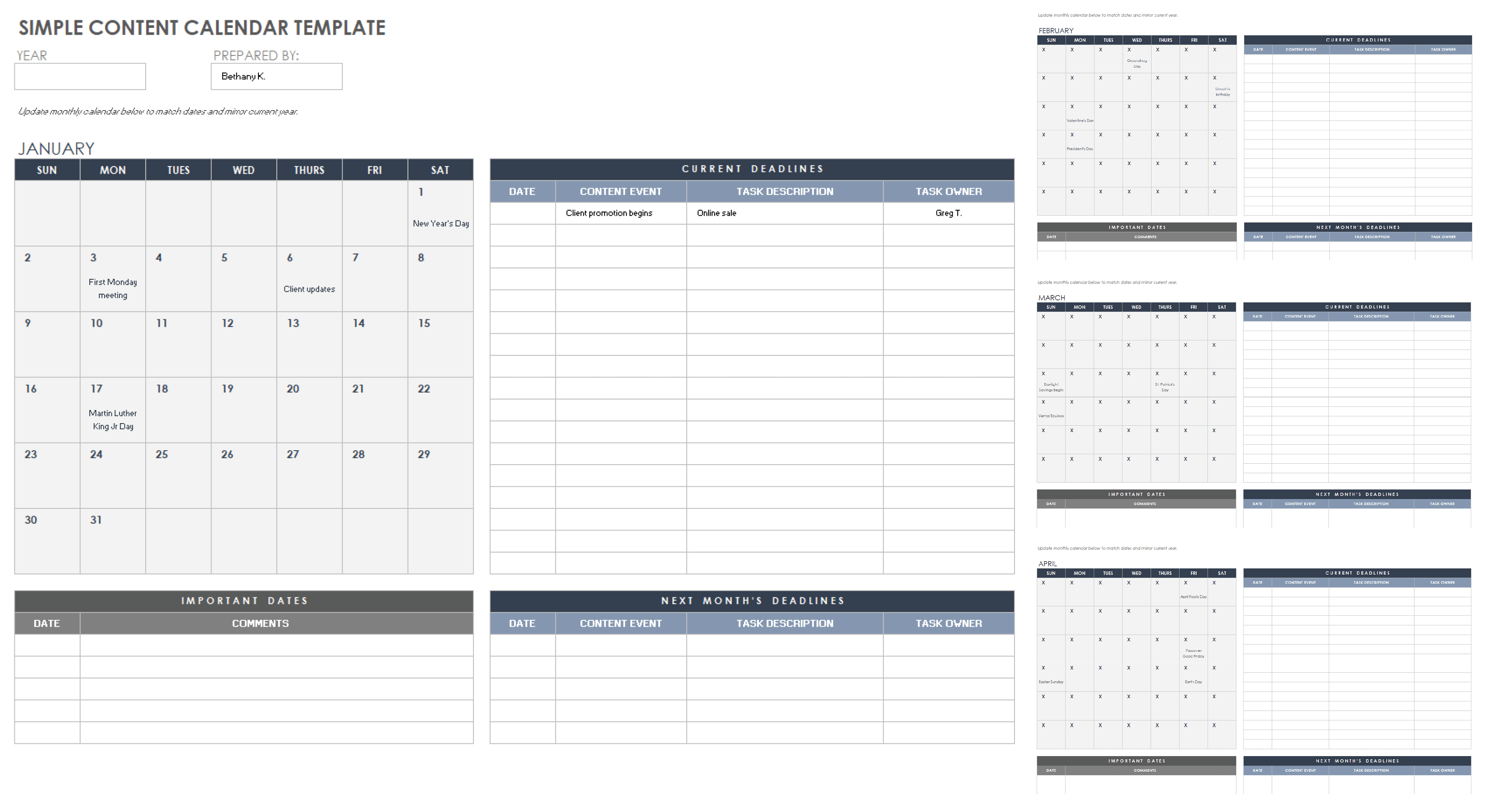 Simple Content Calendar Template