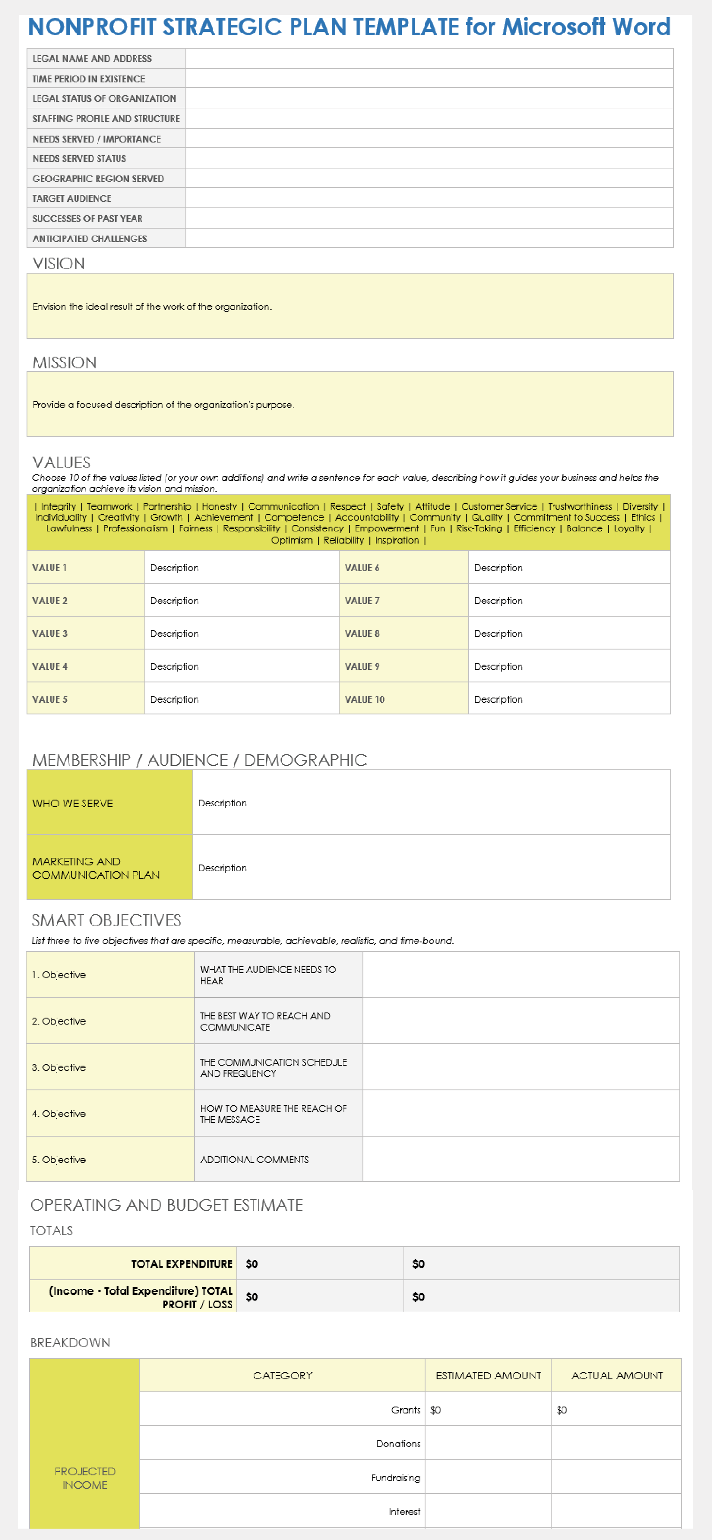 Nonprofit Strategic Plan Template for Microsoft Word