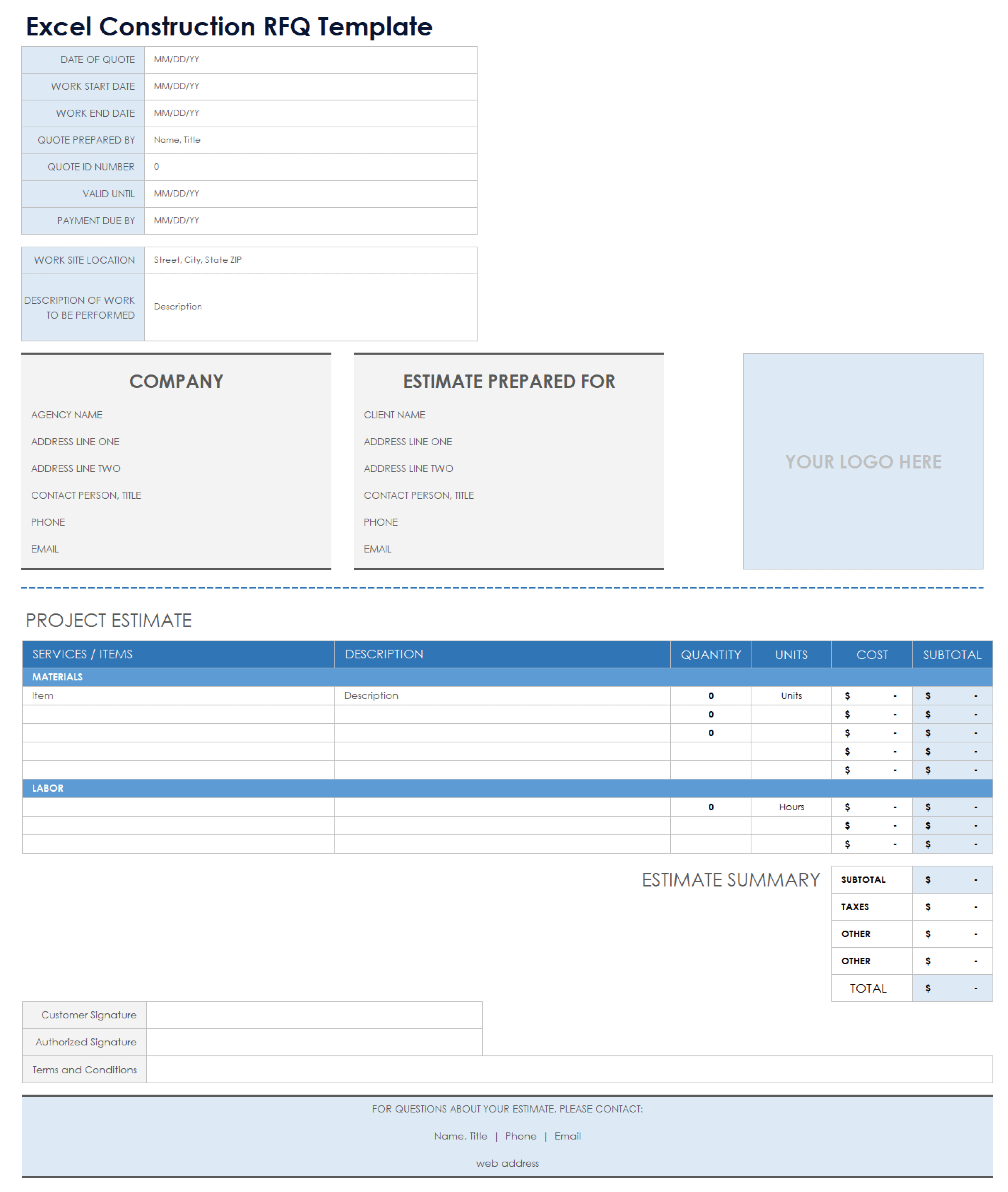 Excel Construction RFQ Template