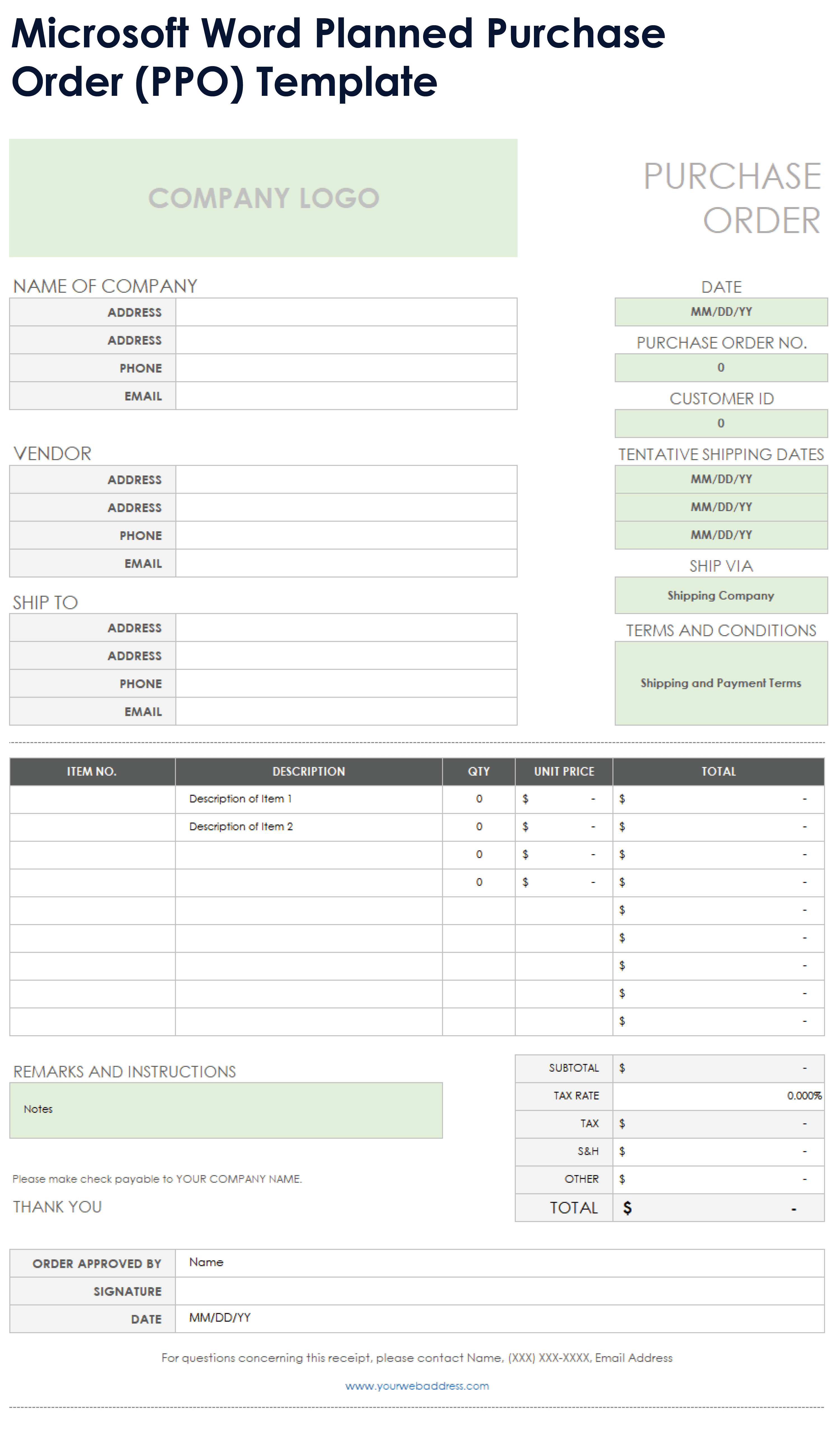 Microsoft Word Planned Purchase Order PPO Template