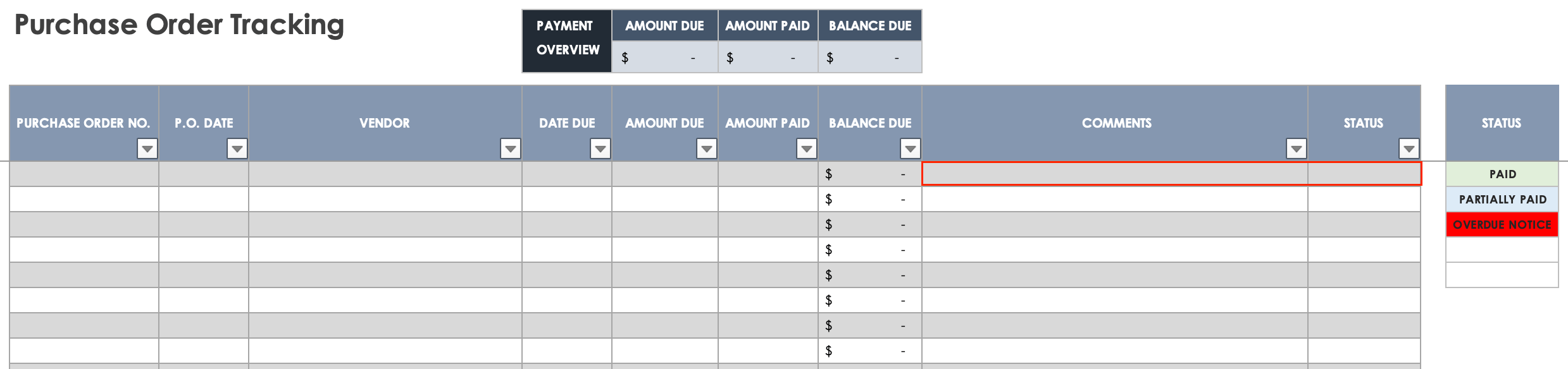 Excel Purchase Order Tracking Template Status