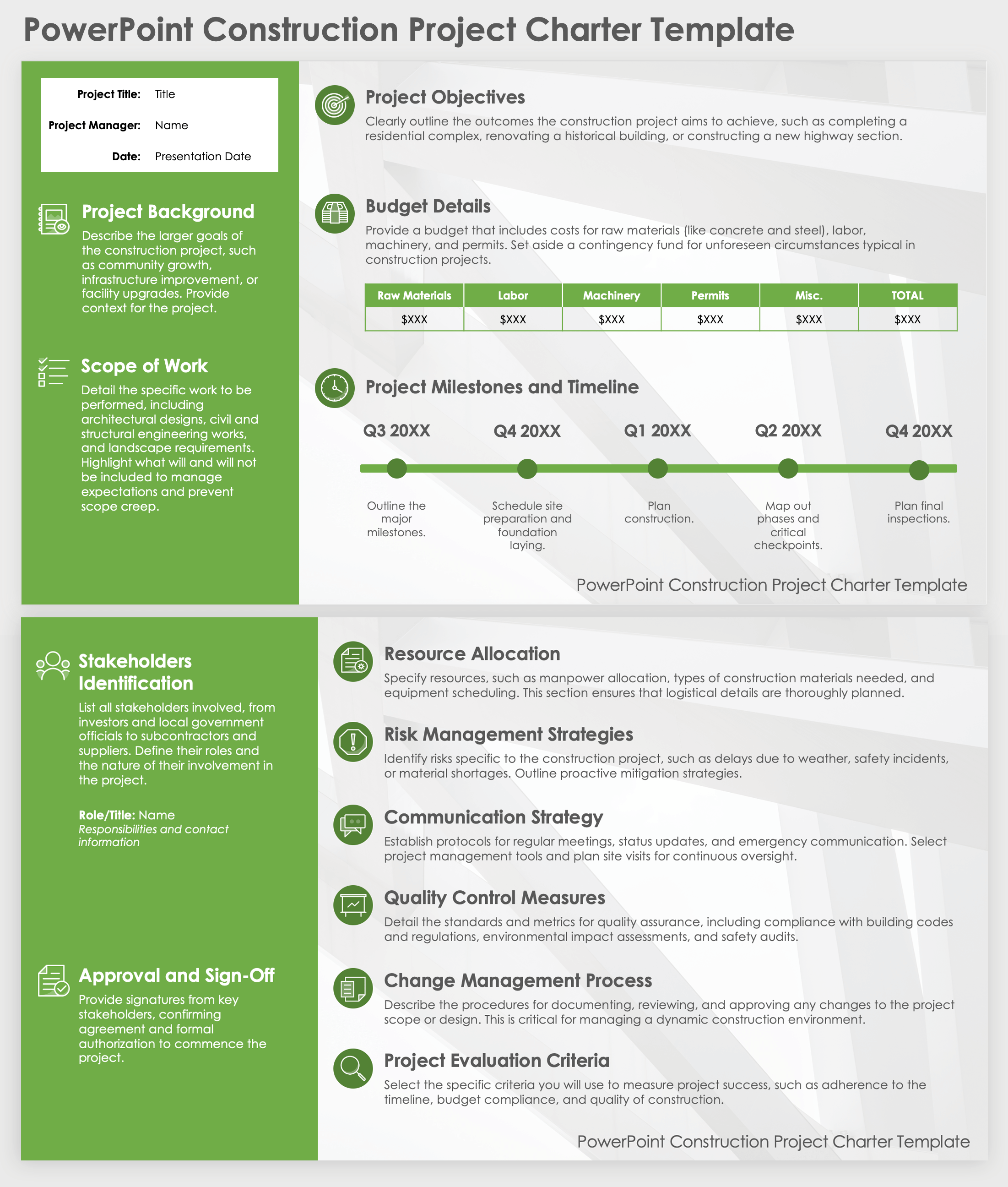 PowerPoint Construction Project Charter Template Screenshot