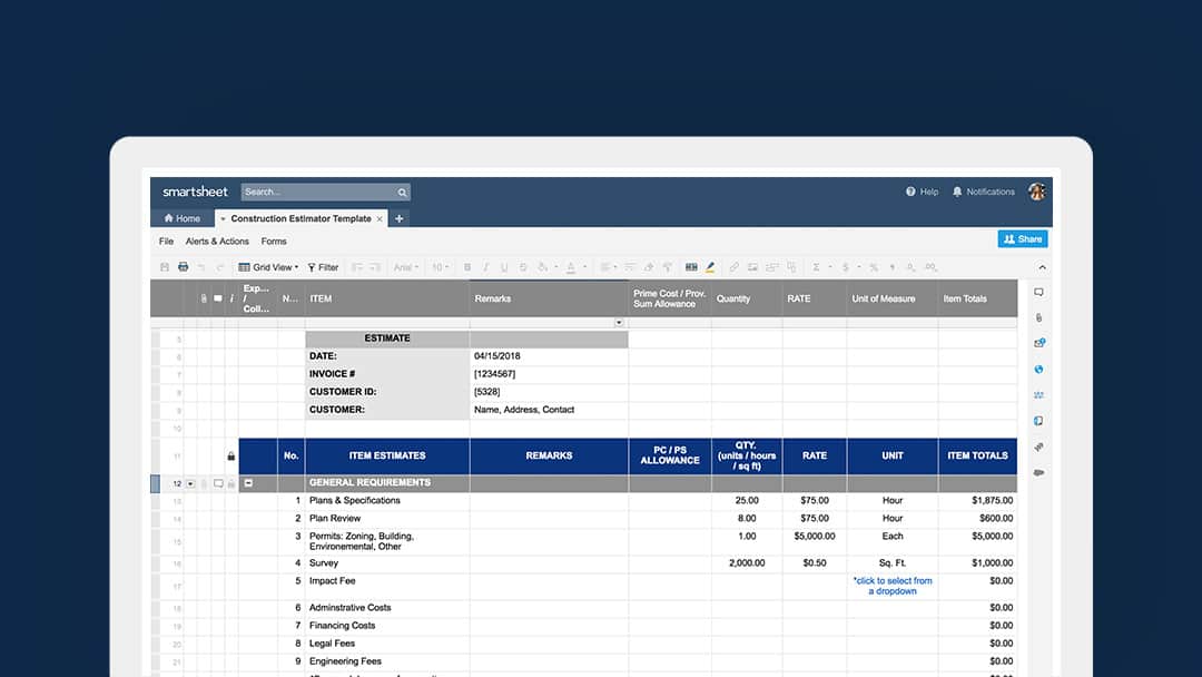 Construction Estimator Template in Smartsheet