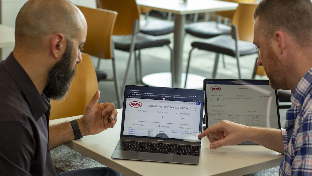 Digi-Key employees review a Smartsheet dashboard