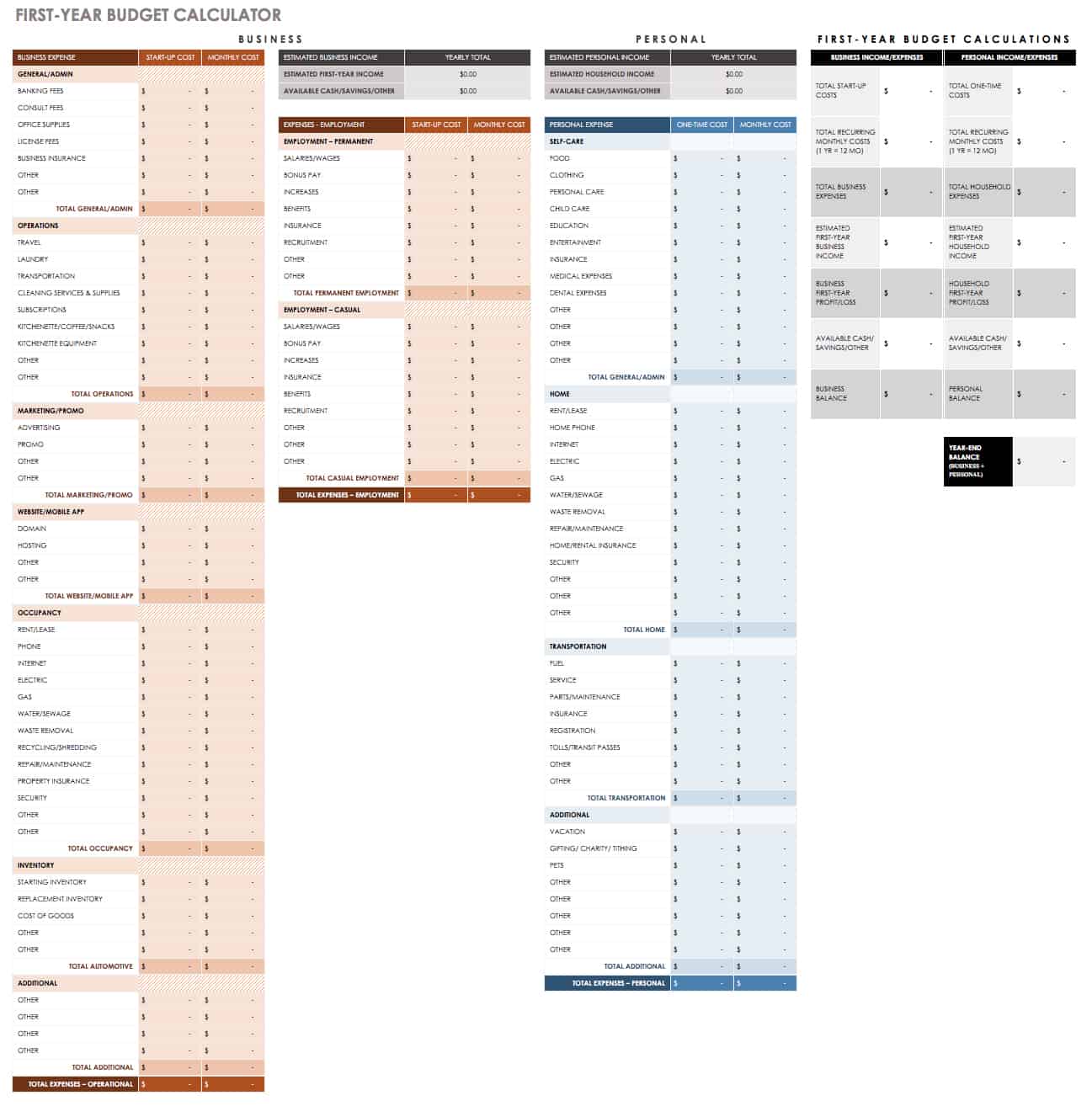 First Year Budget Calculator Template