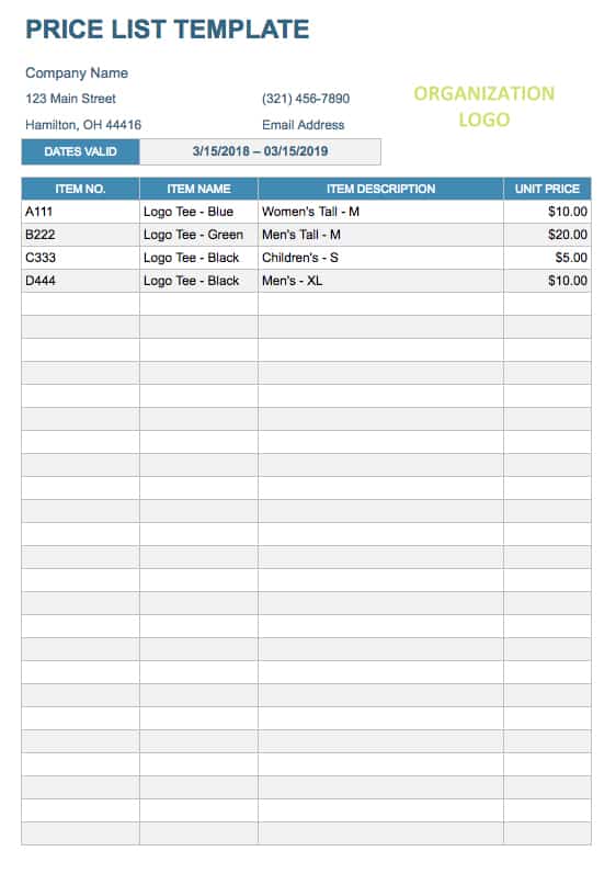 Price List Template