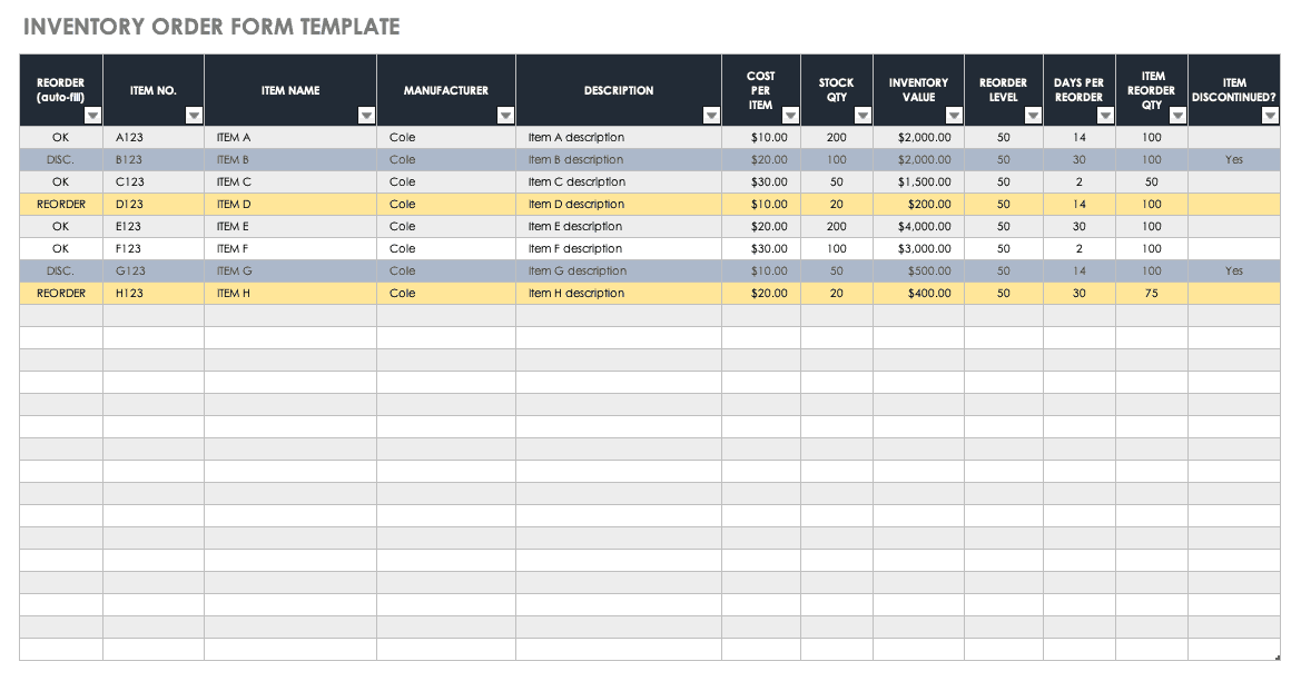 Inventory Order Form Template