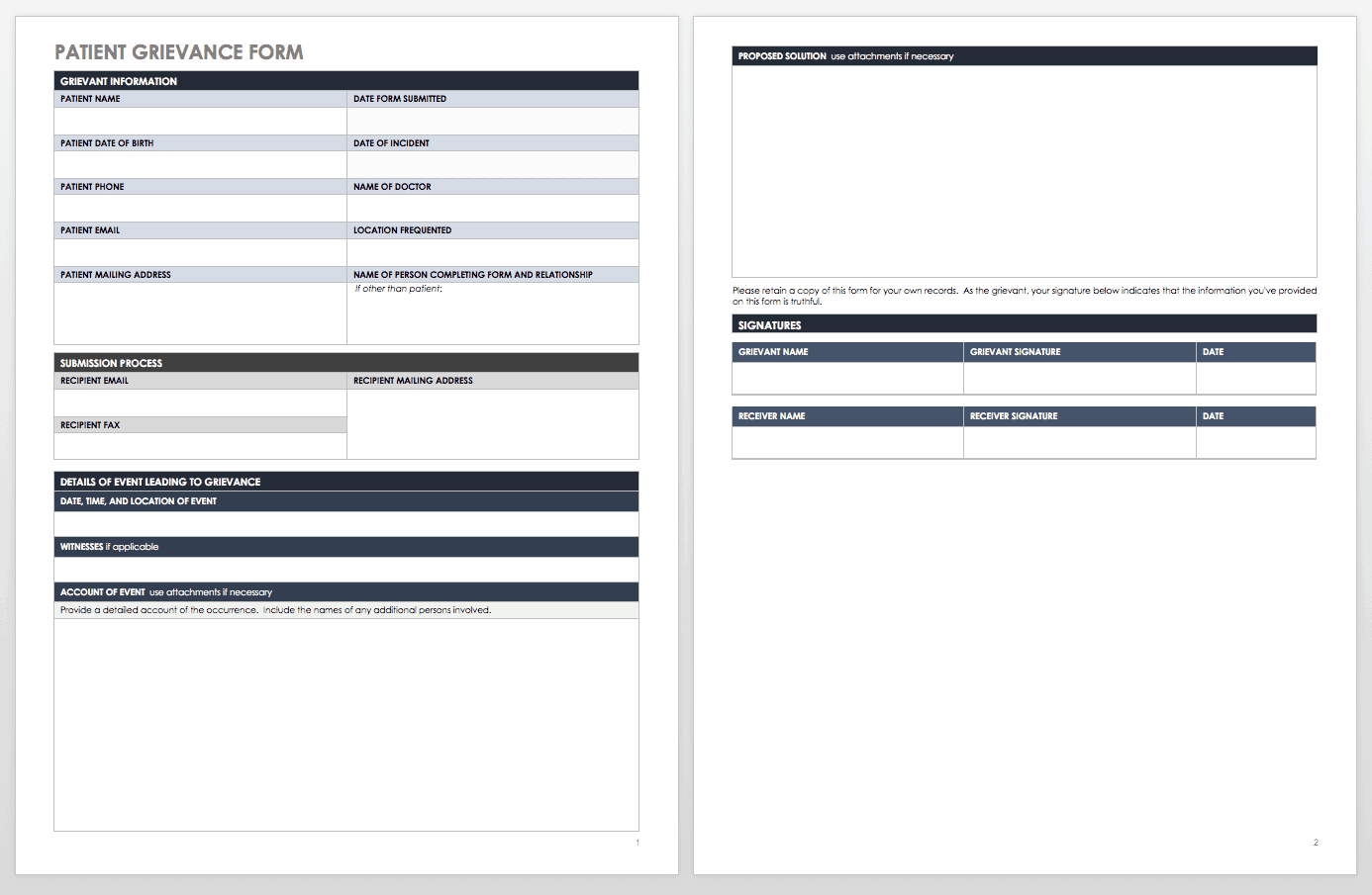 Patient Grievance Form Template