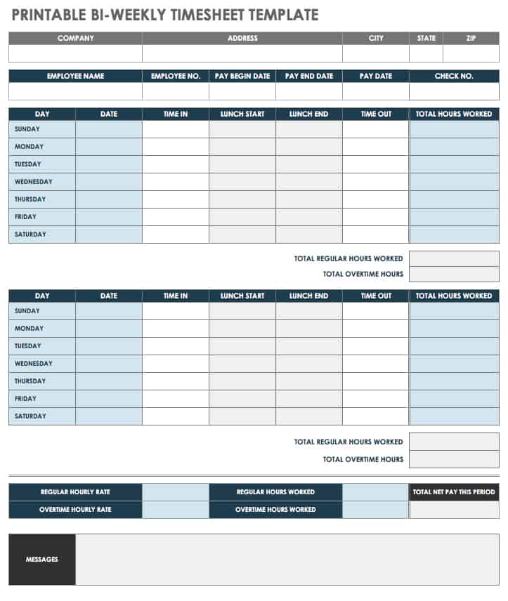 Printable Bi-weekly Time Sheet Template