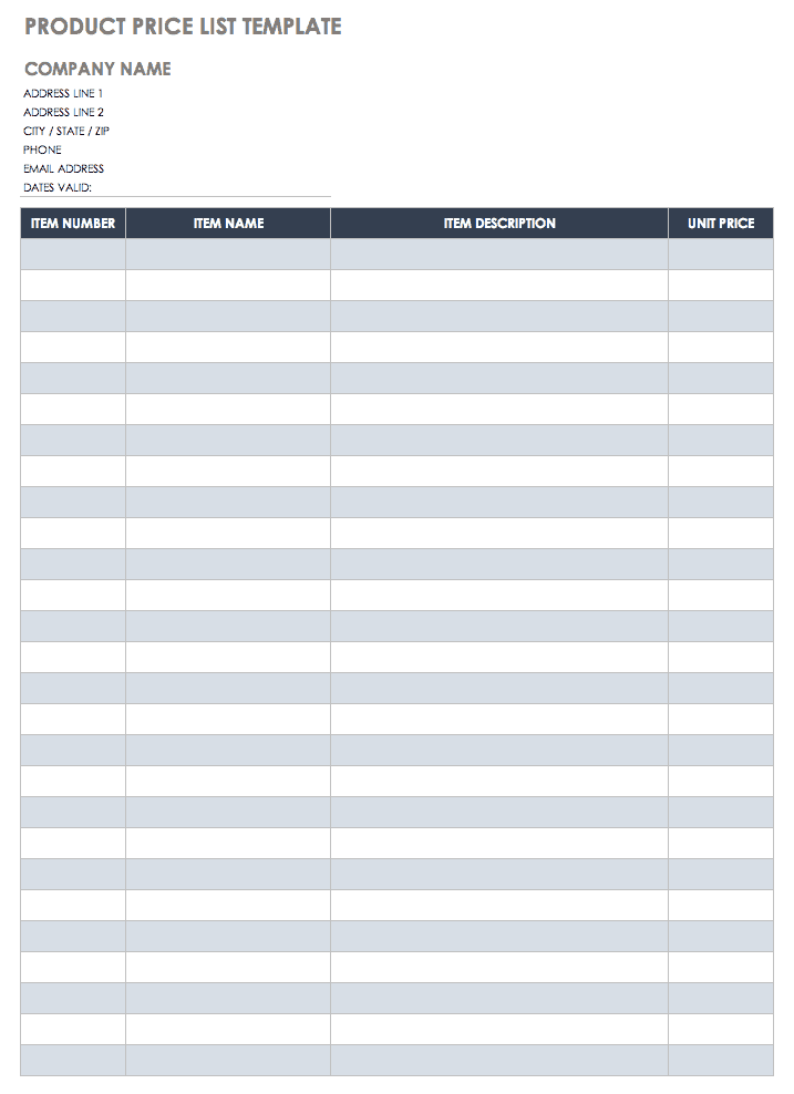 Product Price List Template