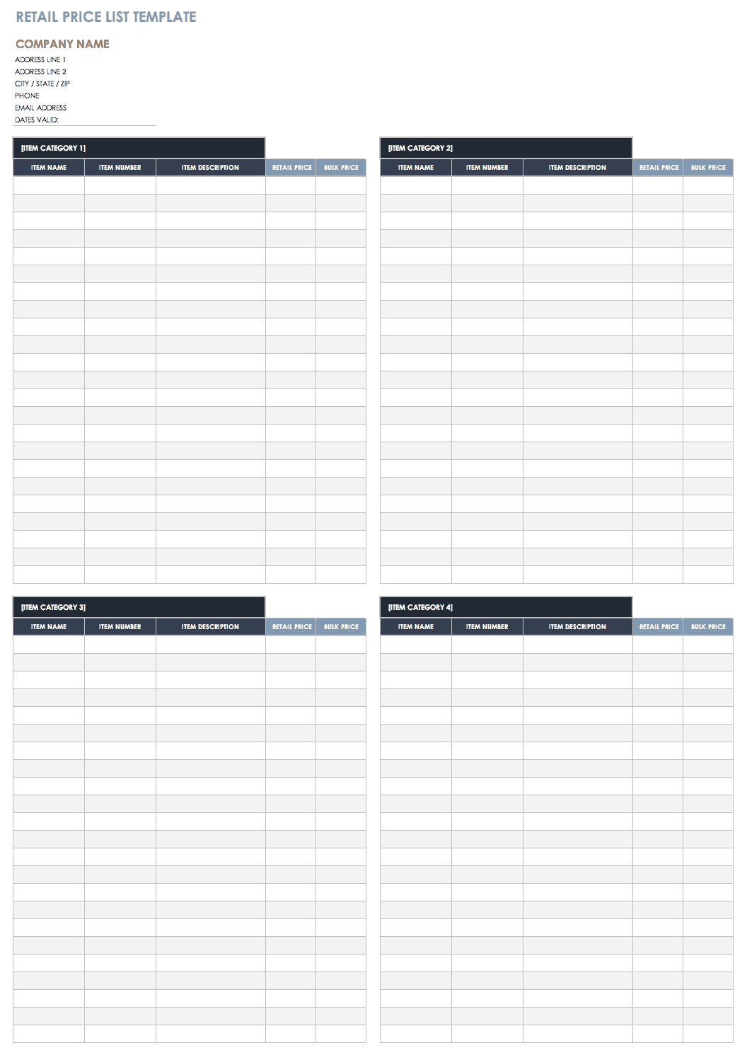 Retail Price List Template