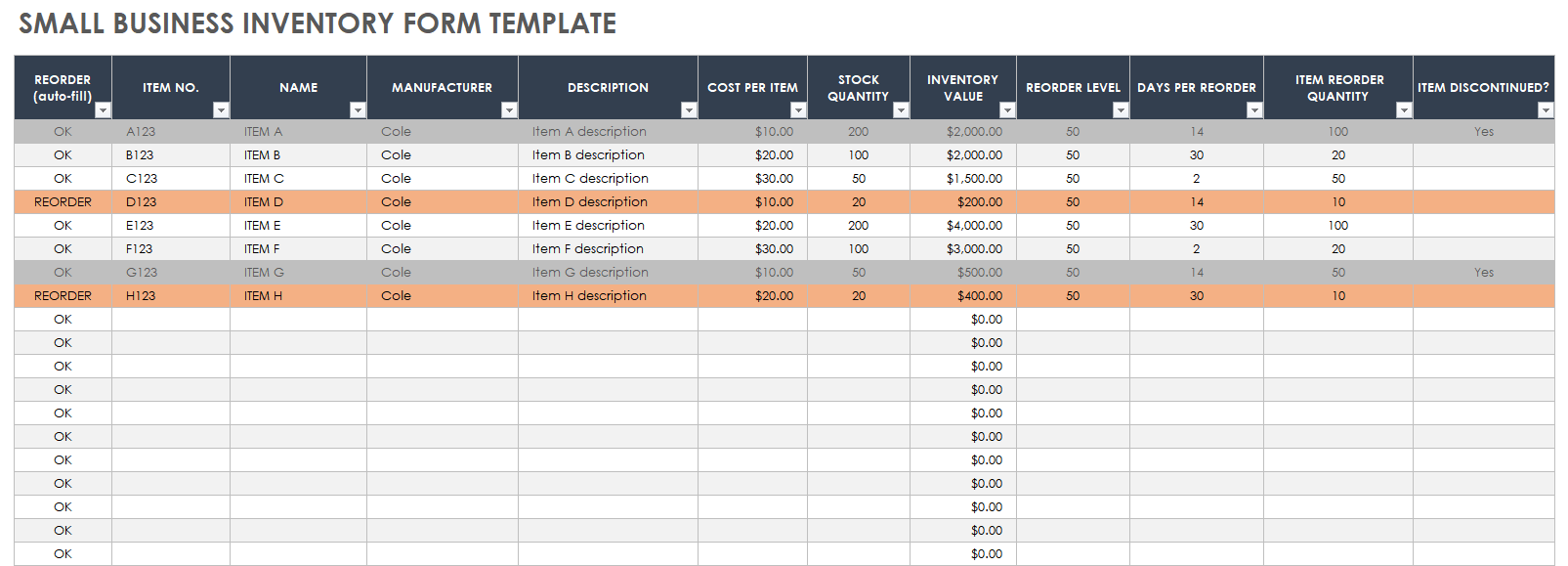 Small Business Inventory Form Template