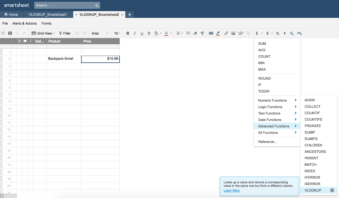 Smartsheet VLOOKUP function