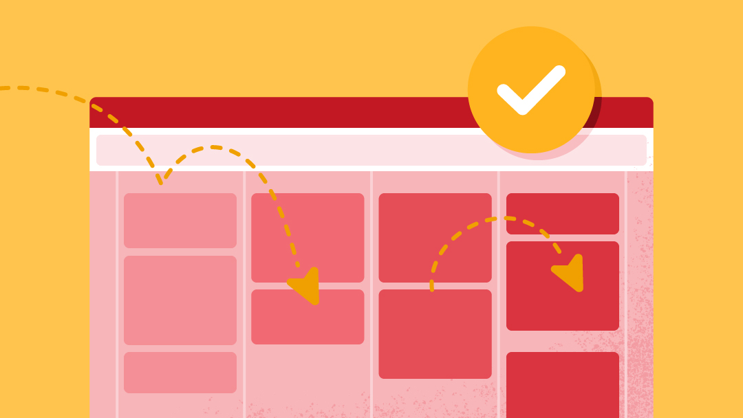 A red kanban board with yellow downward arrows