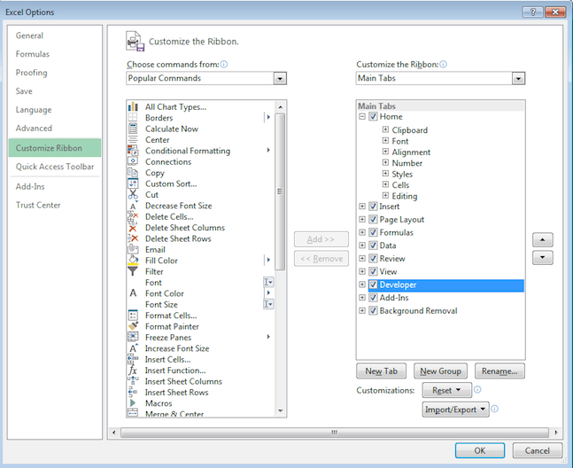 Developer ribbon in Excel 