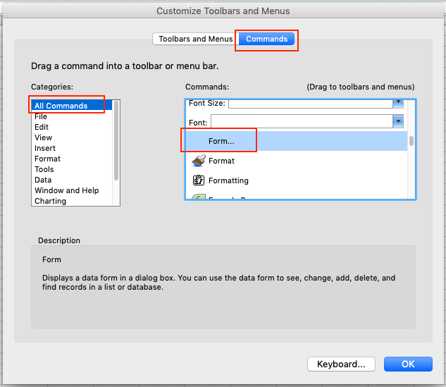 Excel Data Entry Form Select Form Command