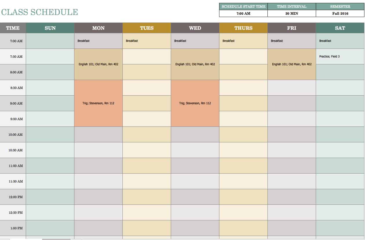 Weekly Class Schedule Template